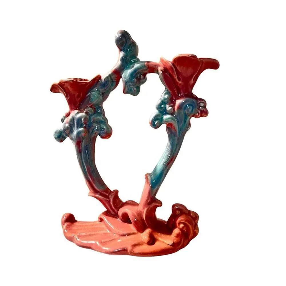 Vintage Royal Haeger Mauve Agate Twin Stalk Candle Holder Pink Blue Marble Glaze